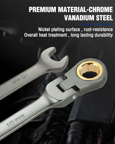 WORKPRO 10 mm Flex-Head Ratcheting Combination Wrench, Cr-V Constructed, Nickel Plating, 72-Teeth, 12 Point Design, Metric - size: 10 mm, style: Nickel Plating