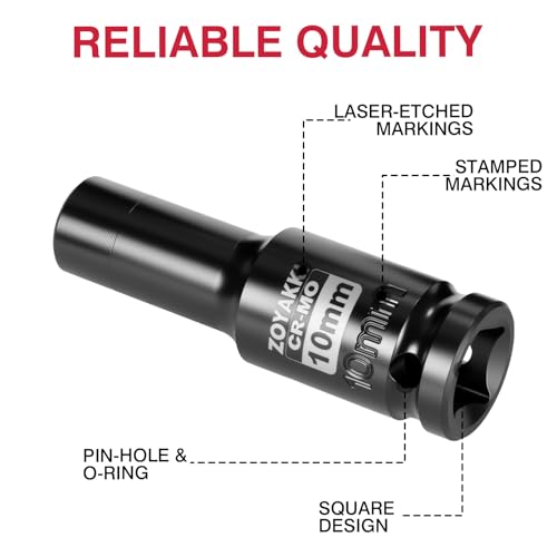 1/2" Drive 10mm Deep 6 Pt CR-MO Metric Impact Socket for Axle Nuts - size: 10mm, style: 1/2" Drive Deep