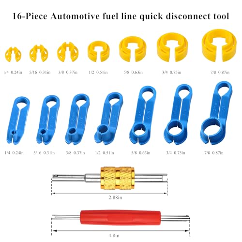 16PCS AC Fuel Line Disconnect Removal Tool Set, 1/4 5/16 3/8 1/2 5/8 3/4 7/8 Inch Car Transmission Oil Cooler Line Quick Disconnect Kit, Fuel Line Master Disconnect Tool with Valve Core Remover