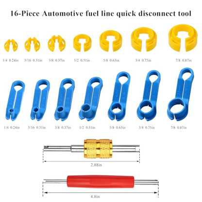 16PCS AC Fuel Line Disconnect Removal Tool Set, 1/4 5/16 3/8 1/2 5/8 3/4 7/8 Inch Car Transmission Oil Cooler Line Quick Disconnect Kit, Fuel Line Master Disconnect Tool with Valve Core Remover