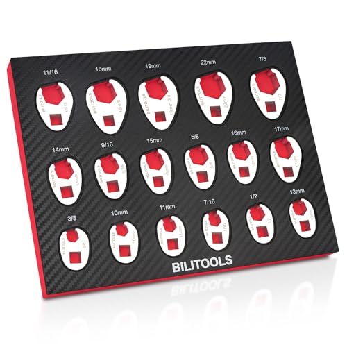 BILITOOLS 17PCS Crows Foot Wrench Set, 3/8" Drive Metric & SAE | Flare Nut Crowfoot Set (10-22mm, 3/8"-7/8"). 6-Point Flare Nut Design. CR-V Steel, EVA Organizer. - style: Crows Foot Wrench Set