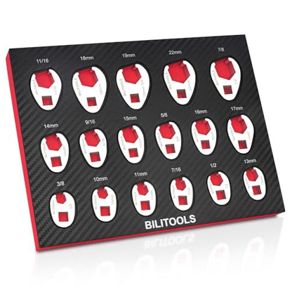 BILITOOLS 17PCS Crows Foot Wrench Set, 3/8" Drive Metric & SAE | Flare Nut Crowfoot Set (10-22mm, 3/8"-7/8"). 6-Point Flare Nut Design. CR-V Steel, EVA Organizer. - style: Crows Foot Wrench Set