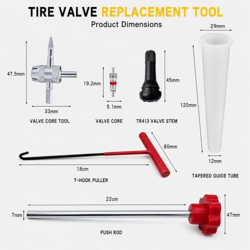 Quick Change Tire Valve Core Tool Kit - for Car, Truck, SUV, ATV, Motorcycle - Fits 11.3mm Rim Holes - Replace Valve Stems (TR413)