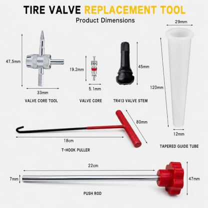 Quick Change Tire Valve Core Tool Kit - for Car, Truck, SUV, ATV, Motorcycle - Fits 11.3mm Rim Holes - Replace Valve Stems (TR413)