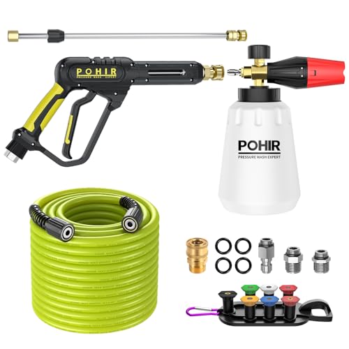 Pressure Washer Gun with Foam Cannon & 50ft Power Washer Hose 3600PSI Kit | POHIR 3/8'' Quick Connector & M22 15mm/14mm Fittings & 7 Nozzle Tips, Power Washing Hose and Gun Kit with 15" Extension Wand