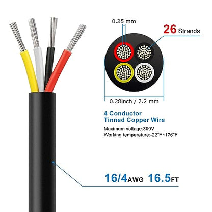 16 Gauge 4 Conductor Electrical Wire, 16.5FT 16AWG Black PVC Stranded Tinned Copper 4 Wire Cable, 16/4 Cord Extension Cable for LED Lamp Lighting, Automotive, Speaker, Audio, Power etc. - size: 16.5 FT, style: 16 AWG-4C