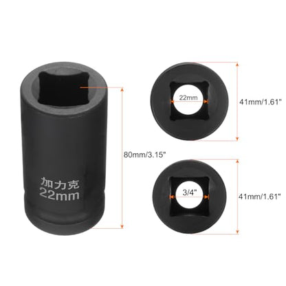 HARFINGTON 4 Point Square Socket 3/4" Drive by 22mm Metric Square Impact Socket 40CR Blackening Standard Wheel Sockets Pneumatic Socket Tool for Auto Repair Mechanical Maintenance Home Use - size: 22mm