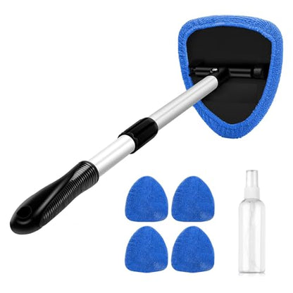 Car Windshield Cleaning Brush, Multifunctional Car Windshield Cleaning Brush Set‌ Car Cleaning kit with Retractable Handle, Microfiber Cloth, Spray Bottle, Suitable for All Cars(Blue)