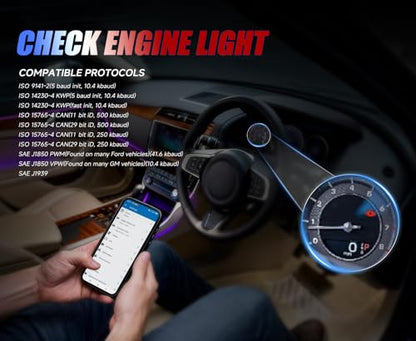 OBD2 Scanner Bluetooth 5.0 for iPhone & Android - 12 Protocols & J1939 Supported, Car Diagnostic Scan Tool, Check Engine Code Reader, Compatible with Torque & CarScanner (VIP), No Subscription Fee