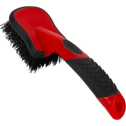 Mothers Tire Brush and Wheel Cleaning Brush for Car Detailing, Stiff Bristles for Tires, Wheels & Rubber Sidewalls, Ergonomic Non-Slip Handle, Car Wash Brush for Auto, Motorcycle, RV & Truck, Red