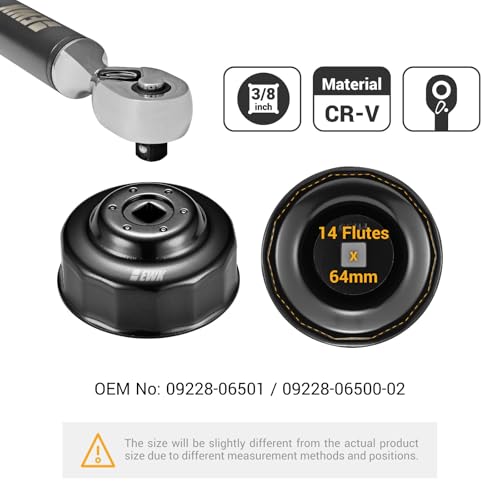 EWK 64mm 14 Flute Oil Filter Socket Wrench, Chrome Vanadium Steel with 3/8" Drive, Oil Change Tool Compatible for Toyota, Lexus, Scion