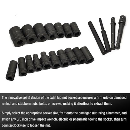 21PCS Twist Lug Nut Socket Set - 3/8 inch Drive Damaged Nut Lock Remover Extractor - Rusted & Strip & Stripped & Stuck Locking Nut Removal Tool Kit - color: 21pcs Lug Nut Extractor 3/8 Inch Drive