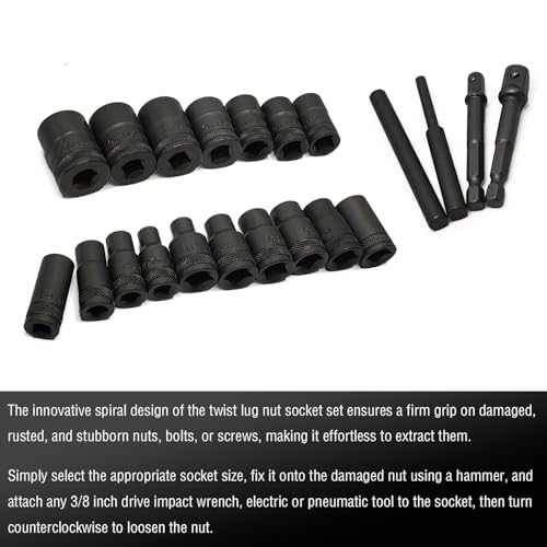 21PCS Twist Lug Nut Socket Set - 3/8 inch Drive Damaged Nut Lock Remover Extractor - Rusted & Strip & Stripped & Stuck Locking Nut Removal Tool Kit - color: 21pcs Lug Nut Extractor 3/8 Inch Drive