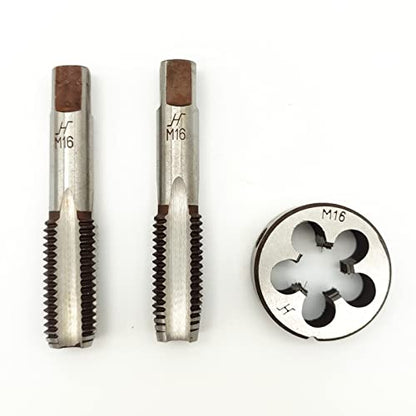 AtticZone M16 x 2.0 Metric Hand Thread Tap and Die Set, Right Hand 16 * 2.0, Alloy Tool Steel, 1 Taper Tap, 1 Plug Tap, 1 Round Die for Metal Working DIY Industrial - size: M16x2.0