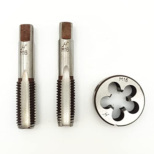 AtticZone M16 x 2.0 Metric Hand Thread Tap and Die Set, Right Hand 16 * 2.0, Alloy Tool Steel, 1 Taper Tap, 1 Plug Tap, 1 Round Die for Metal Working DIY Industrial - size: M16x2.0