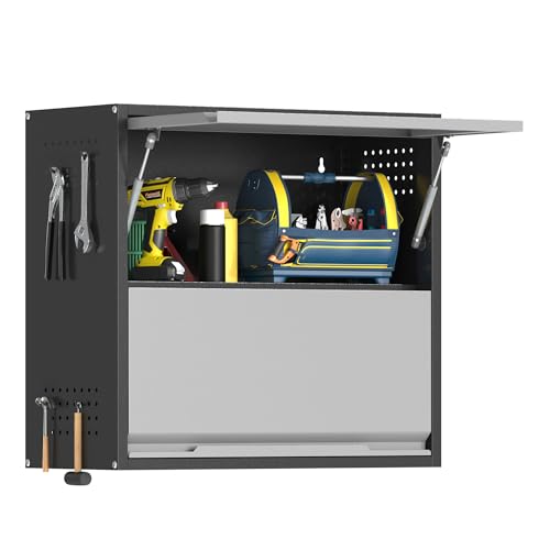 Metal Garage Wall Cabinet with Up-Flip Door, Black Float Tool Cabenit with 2 Doors,Upper Storage Cabinets with Pegboard for Kitchen,Garage,Workshop,Warehouse (25.6" H,Black&Gray) - color: Black&gray, size: 25.6"H Wall Cabinet(2-Door)