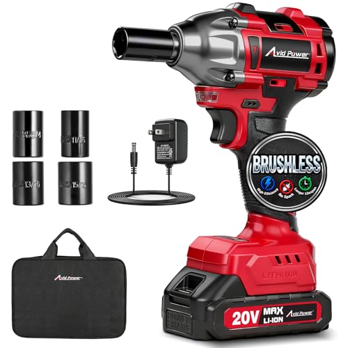 AVID POWER Impact Wrench, 1/2” Impact Gun Brushless Max Torque 332 Ft-lbs (450 N.m), 20V Cordless Impact Wrenches with 2.0 Ah Battery, 2 Variable Speeds, 4PCS Impact Sockets, Charger, Tool Bag - color: Dark Red