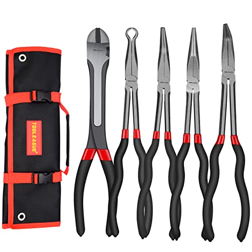 TOOLEAGUE 5Pcs Extra Long Needle Nose Pliers Set, 11" Long Reach Straight,45/90 Degree Bent Nose,Diagonal Pliers and O-shape Tip Craft Repairing Tool - size: 5pcs,11"