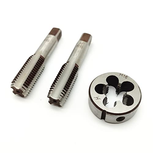 AtticZone M16 x 2.0 Metric Hand Thread Tap and Die Set, Right Hand 16 * 2.0, Alloy Tool Steel, 1 Taper Tap, 1 Plug Tap, 1 Round Die for Metal Working DIY Industrial - size: M16x2.0