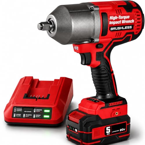 20V Brushless Cordless 1/2 in. High Torque Impact Wrench Kit – 1000 ft-lbs Breakaway Torque – 3-Speed Drive Selector – Friction Ring – Includes 5 Ah Battery & Fast Charger Compatible with Bauer Tools