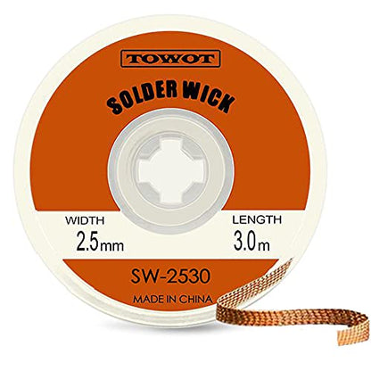TOWOT Solder Wick Braid With Flux No-Clean Electronic, Desoldering Wick Braid Remover.Desolder Soldering Kit 2.5mm W 0.10'' L 9.8'(3Pcs) - style: 3 PCS - W 0.10'' L 9.8'