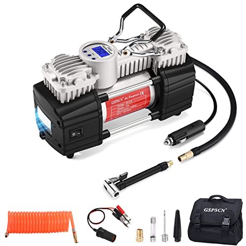 GSPSCN Digital Portable Tire Inflator Heavy Duty 12V Air Compressor Pump | 6X Faster Inflation Auto-Shut Off Dual Cylinder Metal Air Pump w/Extension Hose & Adapter for Car,SUV,Truck,RV,Van,Ball