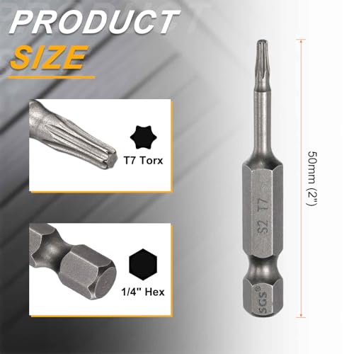 HARFINGTON 10pcs T7 Torx Head Screwdriver Bit 1/4" Hex Shank 2" (50mm) Long Magnetic No Hole Tip Tamper Proof 6 Point Star Screw Driver Drill Bits S2 Steel Industrial Power Screwdrivers - size: T7 x 2"