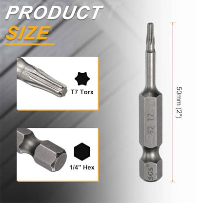 HARFINGTON 10pcs T7 Torx Head Screwdriver Bit 1/4" Hex Shank 2" (50mm) Long Magnetic No Hole Tip Tamper Proof 6 Point Star Screw Driver Drill Bits S2 Steel Industrial Power Screwdrivers - size: T7 x 2"