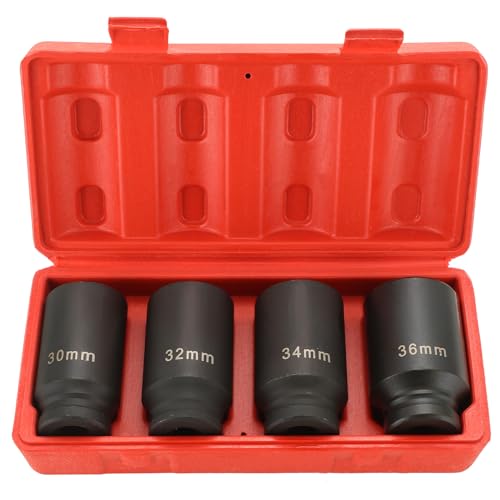1/2-Inch Drive Impact Socket Set 4PCS 30mm 32mm 34mm 36mm | Heavy-Duty Deep Spindle Axle Nut Socket Set, CR-MO, Metric 12 Point, Professional Axle Nut Removal and Installation Kit