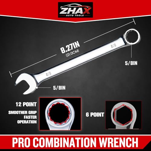 zhax 5/8" SAE Combination Wrench, 12 Point Box End, 15 Degree Offset Design, Mirror Polish Finish, Forged CR-V Steel, Hand Tools for Mechanics, Ideal for Auto and Home Repair - size: 5/8"