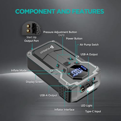Jump Starter with Air Compressor, 2000A Peak Car Battery Booster(8L Gas/6L Diesel), 150PSI Tire Inflator Portable 12V Jump Box Car Battery Jumper Starter with Jumper Cable, LED Lights, LCD Display