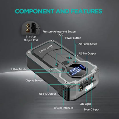 Jump Starter with Air Compressor, 2000A Peak Car Battery Booster(8L Gas/6L Diesel), 150PSI Tire Inflator Portable 12V Jump Box Car Battery Jumper Starter with Jumper Cable, LED Lights, LCD Display