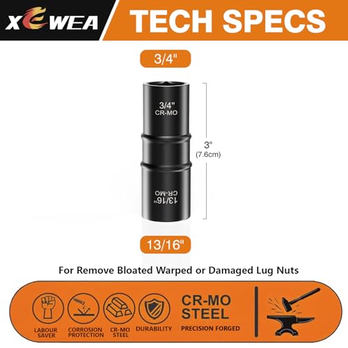 1/2 Inch Drive 3/4" x 13/16" Thin Wall Impact Flip Socket,XEWEA Lug Nut Impact Socket Set Double Ended Thin Wall Nut Sockets CR-MO Twist Removal Tool for Stripped Rusted Bolts - size: 19 mm x 20.5 mm