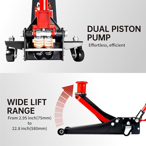 3-Ton (6600lbs) Low-Profile Dual Pistons Heavy-Duty Steel Racing Off Road Floor Jack with Quick Lift Hydraulic Pump, Foot Pedal and Extension Adapter for Car Maintenance