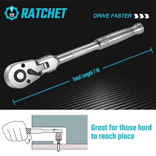 DURATECH 1/4" Drive Flex-Head Ratchet | 72-Tooth Ratchet Wrench, Quick-release, Reversible Switch, Full-Polished Chrome Plating, Alloy Steel - size: 1/4" Drive