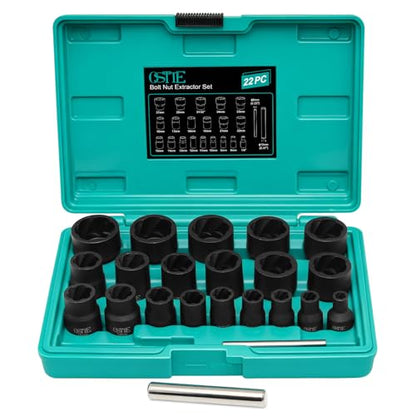 22Pcs Bolt Nut Extractor Set Metric 8-27mm, 1/2" & 3/8" Drive Impact Cr-Mo Steel Lug Nut Remover Socket, Wheel Lock Removal Kit for Damaged, Stripped, Frozen, Nuts & Screws - size: 22 Piece