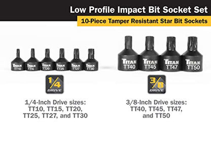 Titan 16143 10-Piece Low Profile Tamper-Resistant Impact Star Bit Socket Set - size: Low Profile Tamper-Resistant Star Impact