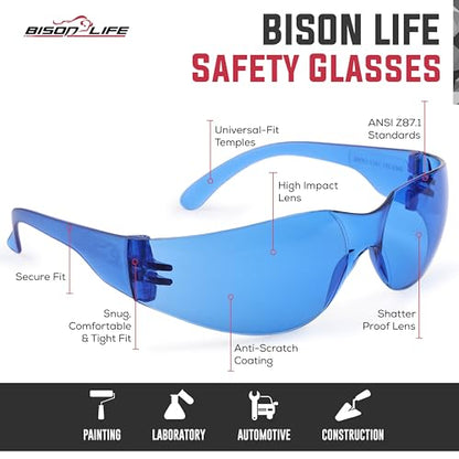 BISON LIFE Clear Safety Glasses – ANSI Z87.1 Certified Scratch & Impact Resistant Eye Protection Goggles for Men & Women - color: Blue/Blue