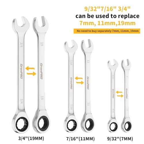 GRENPRO 23 Piece Ratcheting Wrench Set, Open End Wrench Set Metric And Standard 6-18mm & SAE 1/4"-3/4", Combination Wrenches Sets, Organizer Tool Box, 72 Tooth Large Wrench Hand Tools Set With 1 Gauge