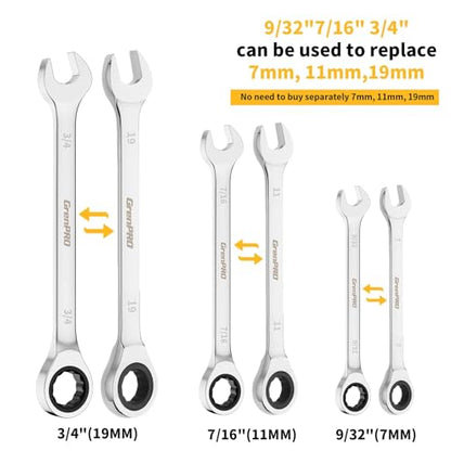 GRENPRO 23 Piece Ratcheting Wrench Set, Open End Wrench Set Metric And Standard 6-18mm & SAE 1/4"-3/4", Combination Wrenches Sets, Organizer Tool Box, 72 Tooth Large Wrench Hand Tools Set With 1 Gauge
