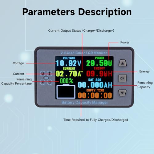 1Pack Watt Meter Digital Multimeter,DC 8-100V 100A Battery Monitor 12V 24V 36V 48V 60V Volt Amp Meter,2.4 Inch Big Color Screen LCD Display Voltmeter Multimeter Solar Battery Tester with Manual