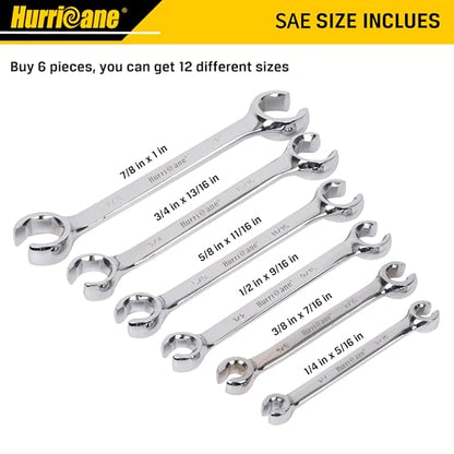 HURRICANE Flare Nut Wrench Set, SAE 6 Piece Brake Line Wrench Set | 1/4 to 1 Inch, 15 Degree Offset Double Open End, Organizer Pouch, Fuel Tube Repair