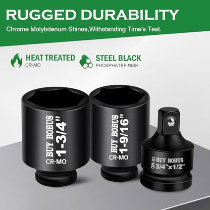 1/2" Drive Impact Socket Set, 9-Piece Standard SAE Deep Axle Nut Sockets, 6-Point, Cr-Mo,1-1/4，1-3/8，1-7/16，1-1/2，1-9/16，1-5/8，1-11/16，1-3/4, Impact Socket Adapter (3/4" x 1/2")