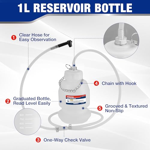 WORKPRO 1L Brake Bleeder Bottle with 63 Inch Brake Bleeder Hose One Way Check Valve & Rubber Connector, One Man Brake Bleeder Kit with Hooked Chain, Wide Base - for Automotive, Cars, Motorcycles