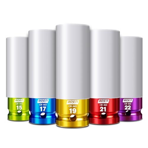 BOEN 1/2" Drive Impact Lug Nut Socket Set, 5 Pieces Non-Marring Thin Wall Wheel Protector Nut Socket, Metric (15 17 19 21 22) mm, Chrome Molybdenum Steel, 6 Point Design and Color Electroplate Finish