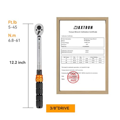 3/8 Inch Drive Click Torque Wrench, 5-45 ft-lb (6.8-61 Nm) Micro-Adjustable Dual Scales, 72-Tooth Reversible Ratchet, ±2% Accuracy, Storage Case - size: 3/8" Drive