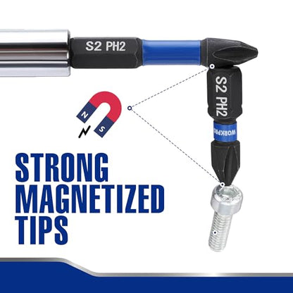 WORKPRO 16pcs PH2 Impact Phillips Screwdriver Bit Set, CNC Machined S2 Steel Tips with Magnetism, 1/4" Hex-Shank Driver Bits, 1"& 2" Long Impact Screwdriving Bits with Storage Box - size: 1 in&2 in