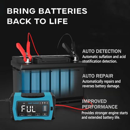16 AMP Battery Charger, 6V/12V/24V Smart Car Battery Charger, Trickle Charger, Fully Automatic Chargers and Maintainer for Car, Motorcycle, Lawn Mower, Lead-Acid, Lithium, LiFePo4 Batteries