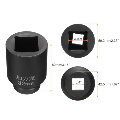 HARFINGTON 4 Point Square Socket 3/4" Drive by 32mm Metric Square Impact Socket 40CR Blackening Standard Wheel Sockets Pneumatic Socket Tool for Auto Repair Mechanical Maintenance Home Use - size: 32mm