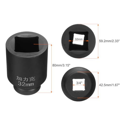HARFINGTON 4 Point Square Socket 3/4" Drive by 32mm Metric Square Impact Socket 40CR Blackening Standard Wheel Sockets Pneumatic Socket Tool for Auto Repair Mechanical Maintenance Home Use - size: 32mm